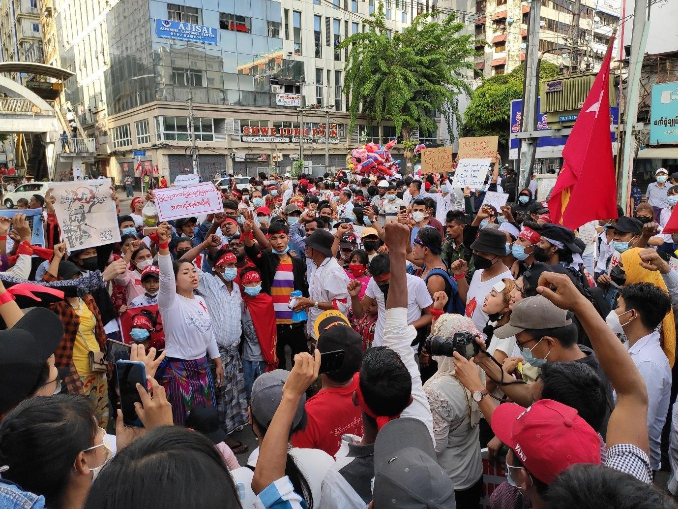 Feb 12, 2021, People protest against military coup at Sule Road, Yangon